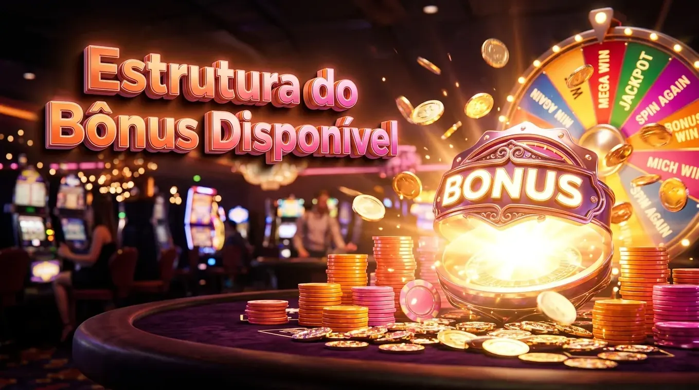 Glowing bonus badge surrounded by casino chips and gold coins.