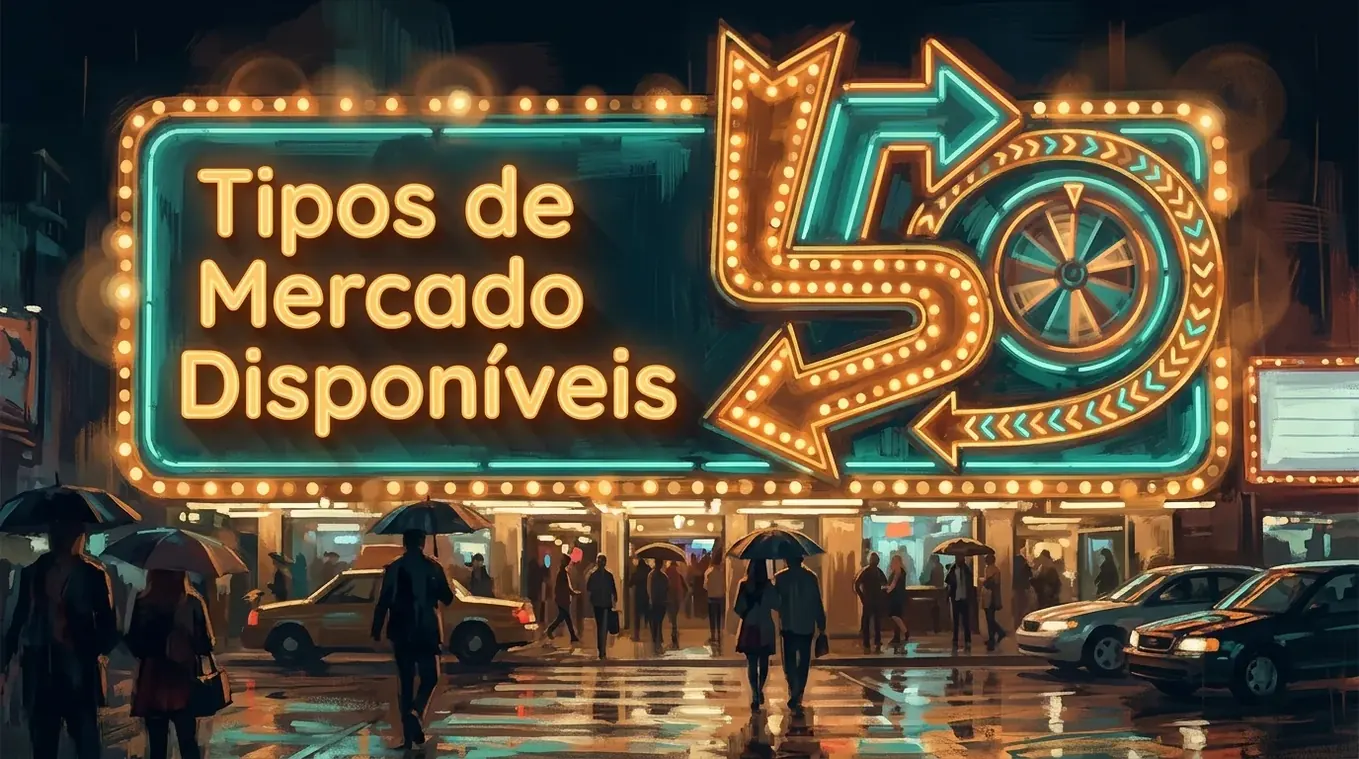 Neon sign with chase bulbs on a rainy street, detailing available betting markets.